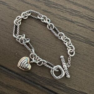 David Yuman Cable Figaro Sterling Silver & 18K Gold Heart Toggle Bracelet 7”